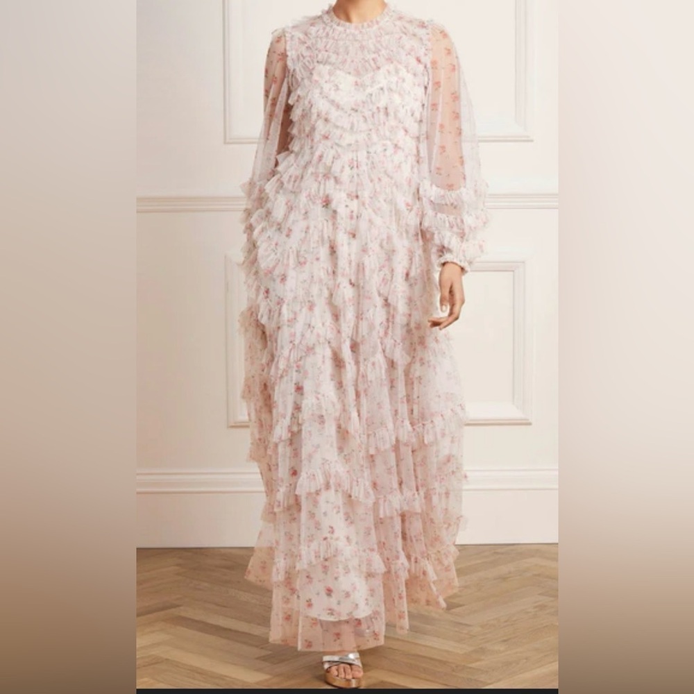 Needle & Thread Pink Floral Tiered Ruffle Maxi Dress